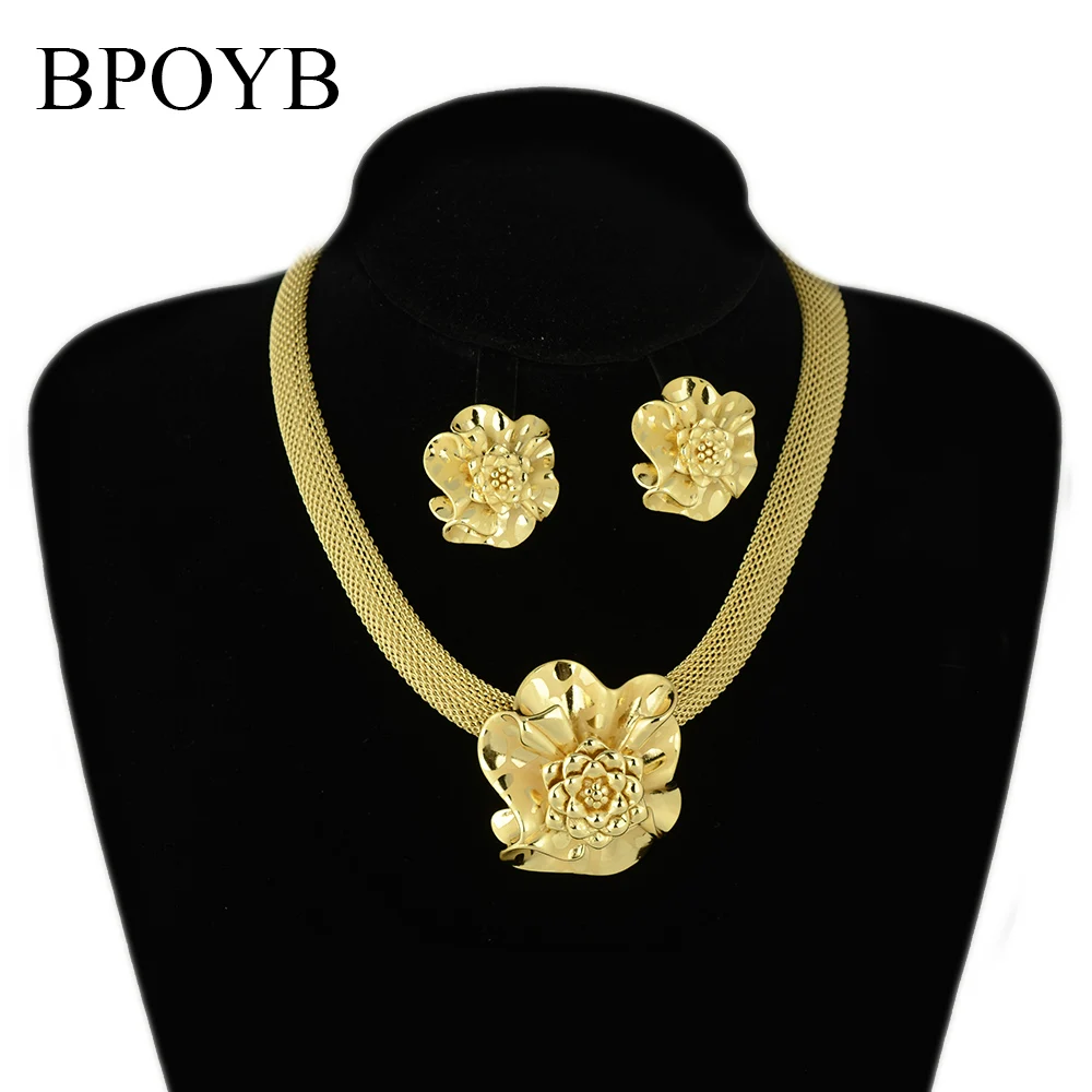 

BPOYB Latest Gorgeous Rose Flower Thick Choker Necklace Earrings 18k Gold Plated Jewelry Set African 2021Dubai Women Bijoux