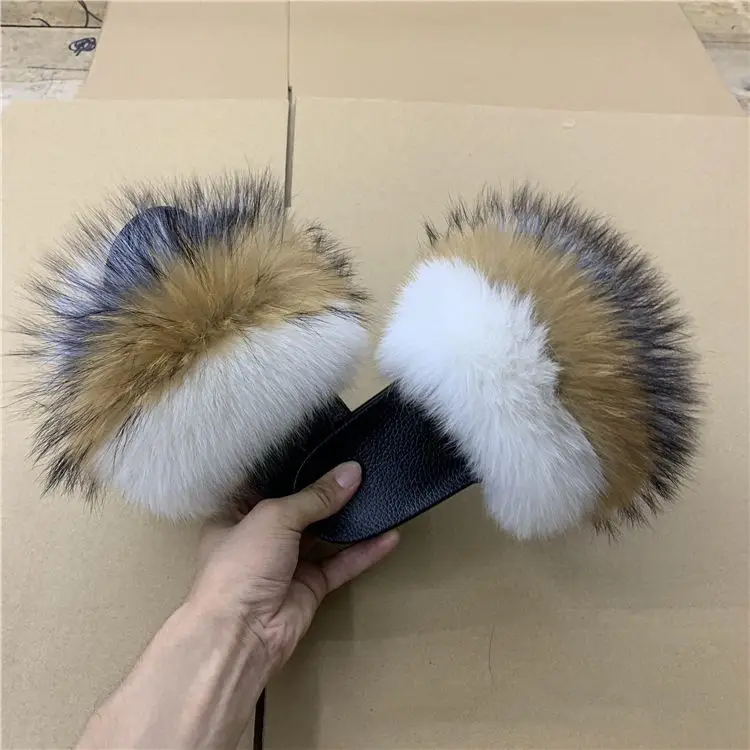 

custom fur slippers black fox fur slides shoes women slipper, Customized color