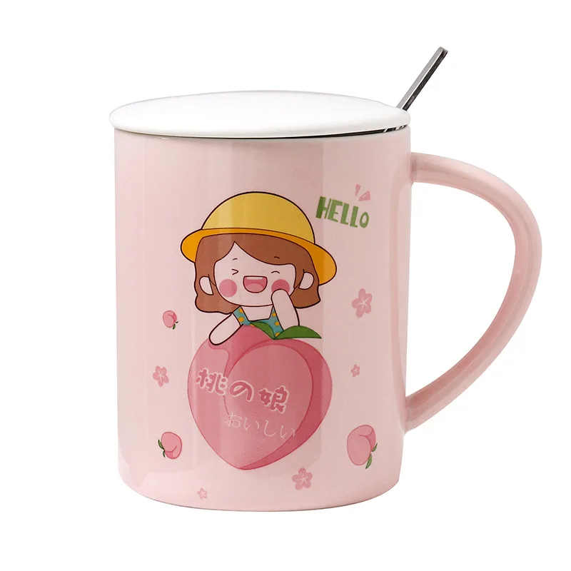 

12 oz Korean cartoon girl fruit ceramic mug cute office coffee mug with lid and spoon coffee shop custom mug