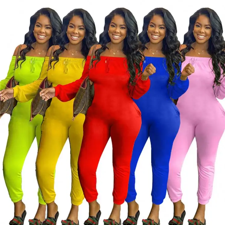 

2020 Trending solid color tight sexy off the shoulder stacked one piece outfit jumpsuits for women