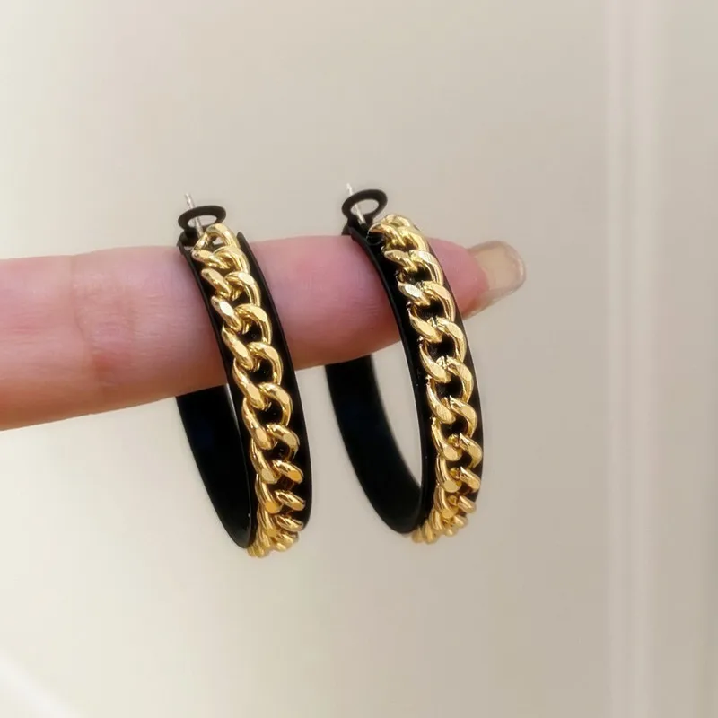 

Fashion Black Leather Chain Hoop Earrings For Women Personality 2021 New Trendy Jewelry Statement Earings