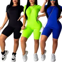 

2019 Women Clothing Solid 2 Piece Set Outfits Biker Short Set Neon Clothing