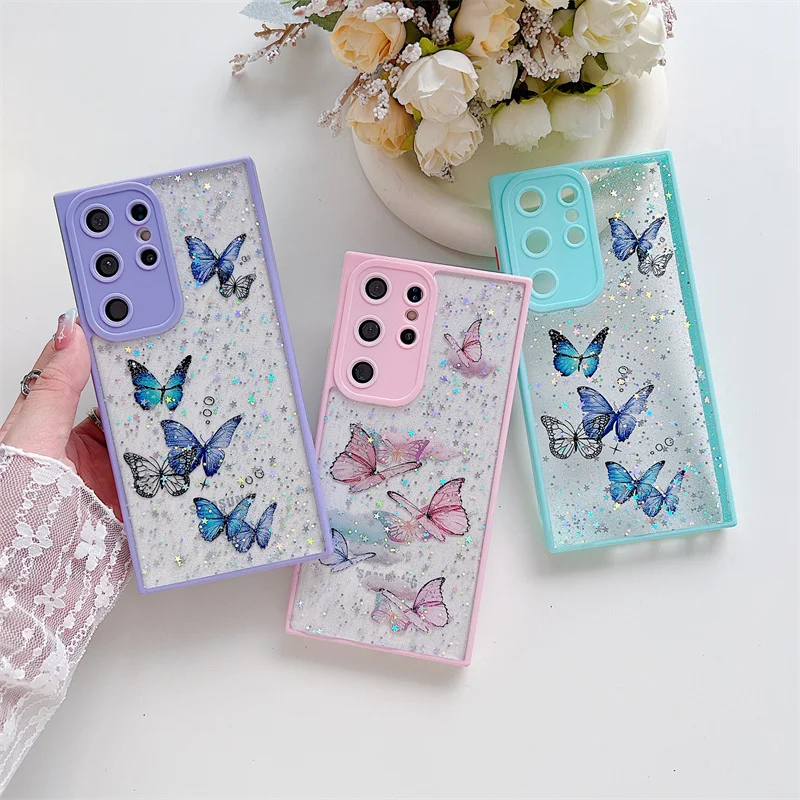 

Glitter Colorful Butterfly Mobile Phone Cases For Samsung S23 Ultra S22 S21 A73 A54 A34 Bling Phone Cover
