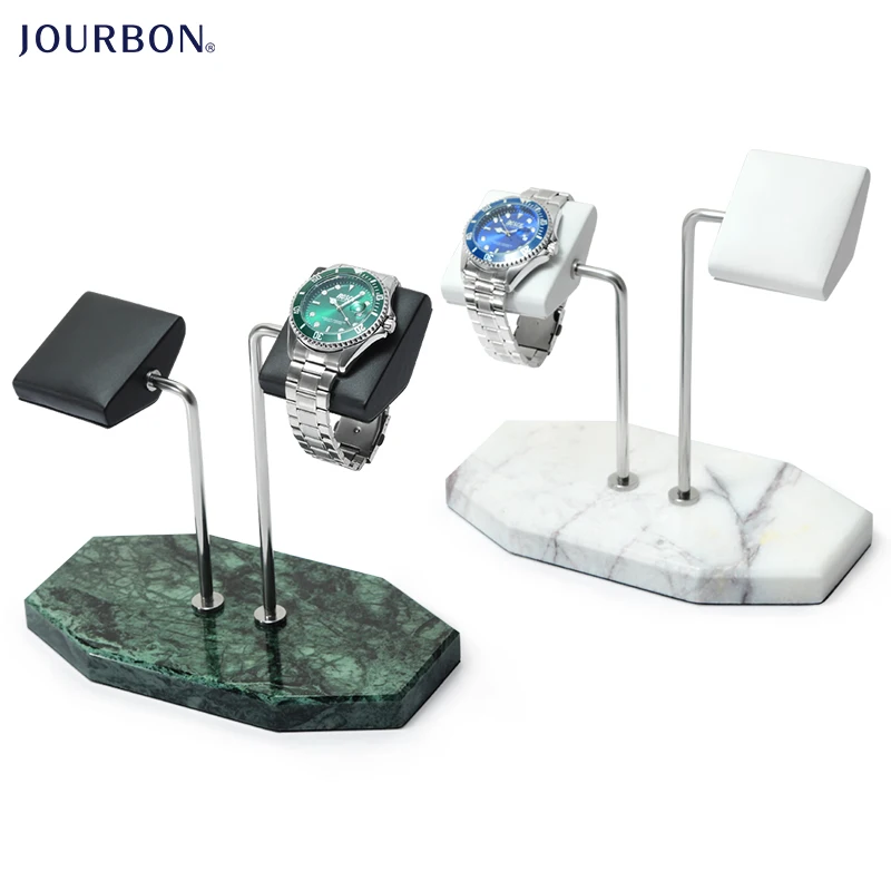 

Jourbon Lucking Pearl Lilac Marble Base Watch Display Holder Metal Watch Display Stand, Black, white, green