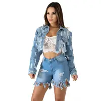 

blue demin jacket for women shredded holes sexy jeans jaket women denim