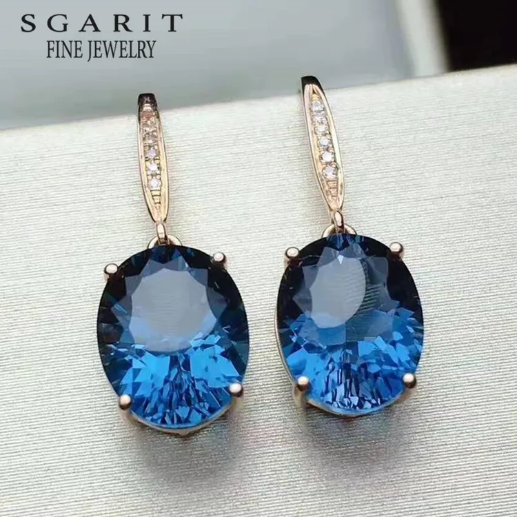 

SGARIT lady statement jewelry gemstone eardrop 18k gold 5.95ct natural London blue topaz pendant earring