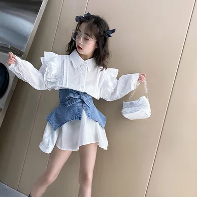 

2021 Spring New Fation Korean Dress Girl Ruffle Shirt Skirt Denim Waist 2Pcs Dresses Children Girl Kids