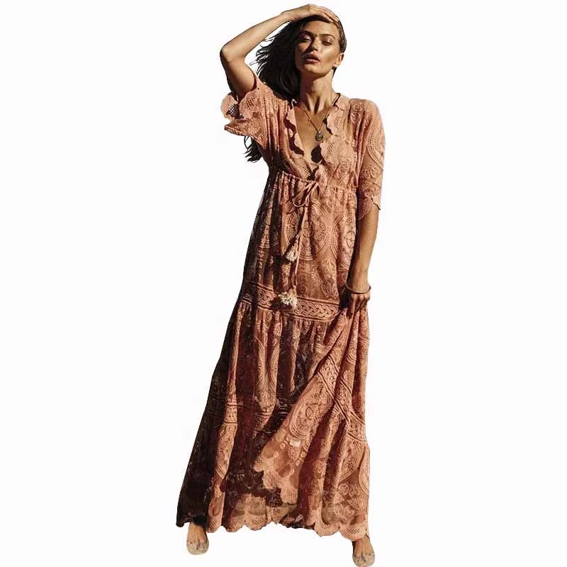 

latest ladies boho lace dress beach short sleeve full length women dress