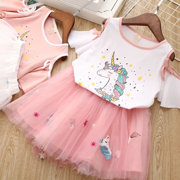 

New Arrive Cartoon Printed Flared Sleeve Top + Gauze Skirt Two-piece Set Girls Set, As pictures