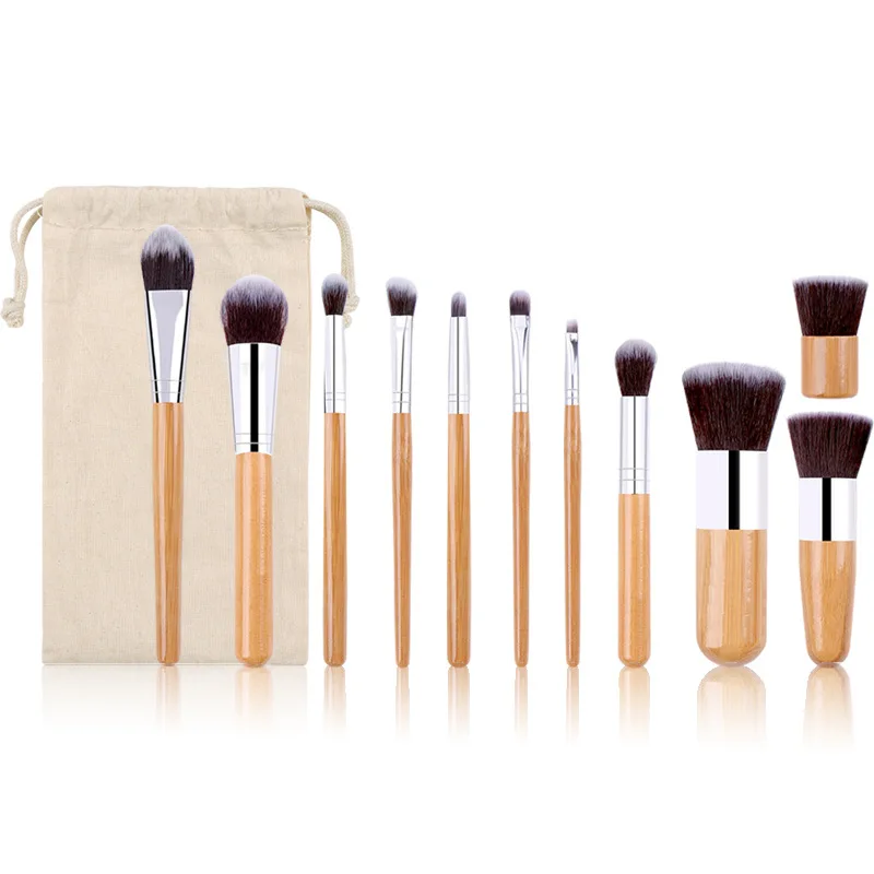 

11pieces Bamboo Wood Makeup Brush Set With Burlap Bag Powder Eyebrow Blush 11pcs Make Up Brushes, Customized color