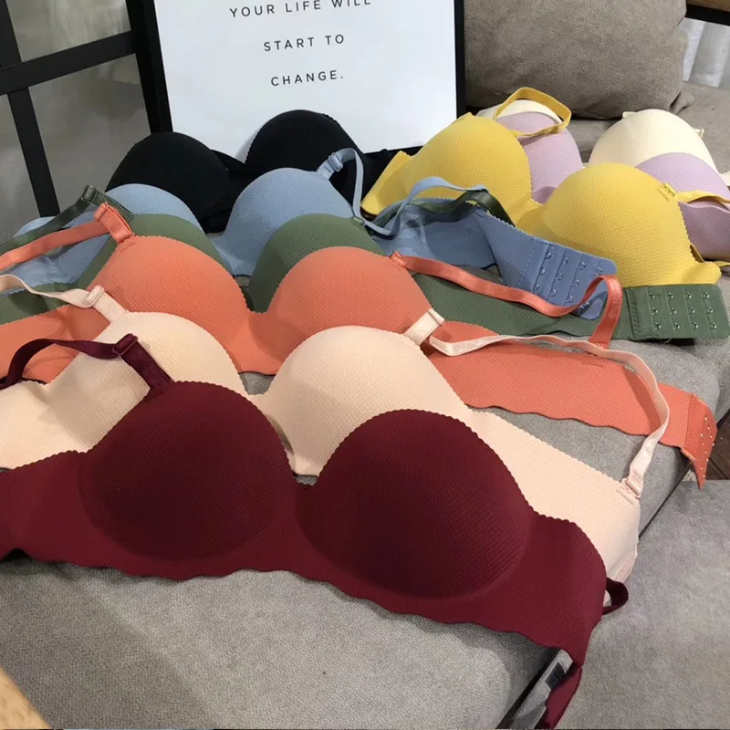 

Sweety Candy Color Wirefree Push Up Gather Brassiere Removable Straps Bralette New Breathable holes One-piece Seamless Bra Top