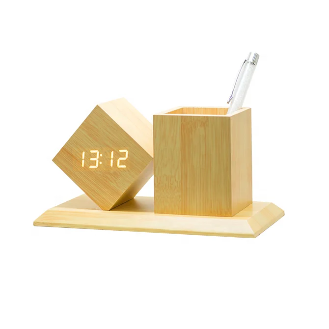 

Diamond shape school office desk pen holder clock,sound sensing wooden LED alarm clock