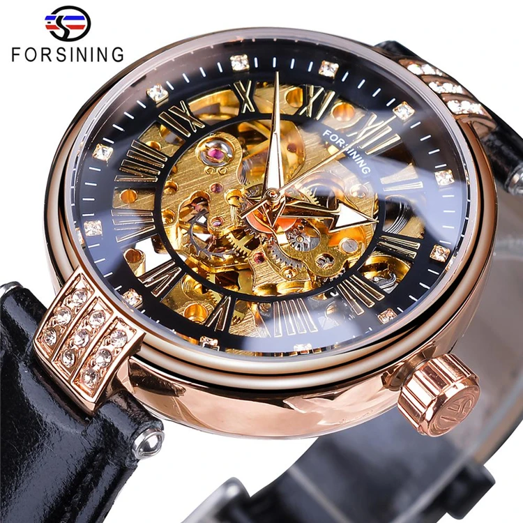 

FORSINING GMT1136 Elegant Women Diamond Skeleton Display Design Luxury Automatic Watches Luminous Hands Genuine Leather Clock