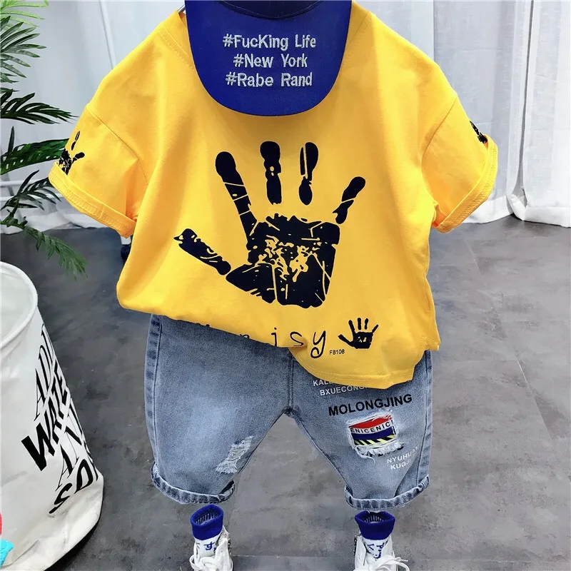 

New arrival summer Boys 2 Pieces jeans Clothing Set short sleeve cartoon printed T- shirt + denim pants clothing set for kids, Picture shows