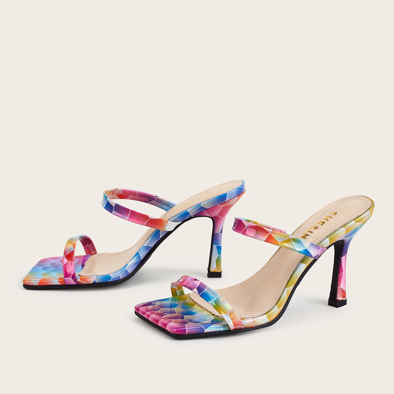 

Dropshipping shoes New arrivals square toe PU women slide medium heels colorful heel slide heel sandals, Rainbow color