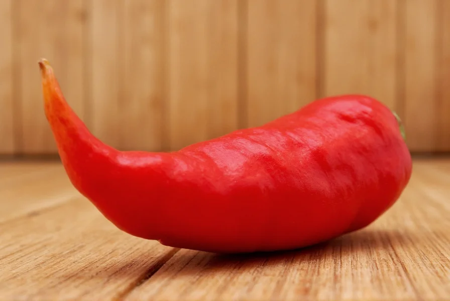 Close-up photograph of a ripe red ghost chili pepper showing its distinctive bumpy texture and pointed tip against a natural wooden background