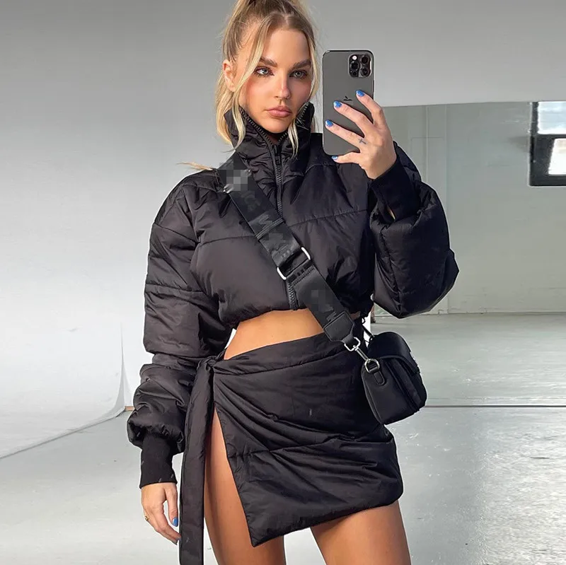 

2021 New Winter Fashion Ladies Thick Turtleneck Jacket With Bandage Skirt Suit Warm Bubble Coat 2 Piece Skirt Set, Picture