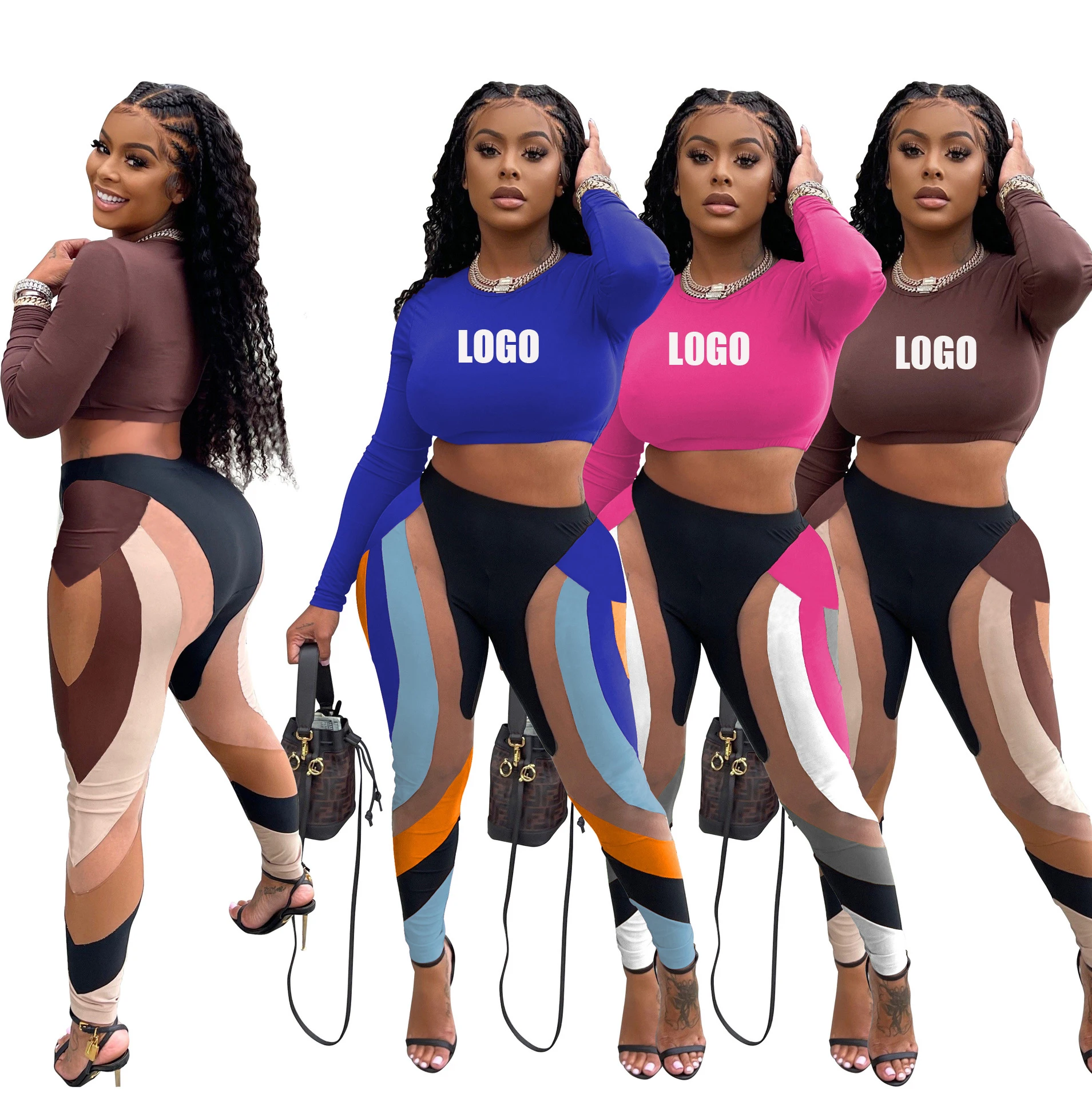 

Spring 2022 2 Piece Womens Clothing Jogger Sets Custom Logo Crop Tops Patchwork Yoga Women's Pants Legging Two Piece Tracksuit, Picture