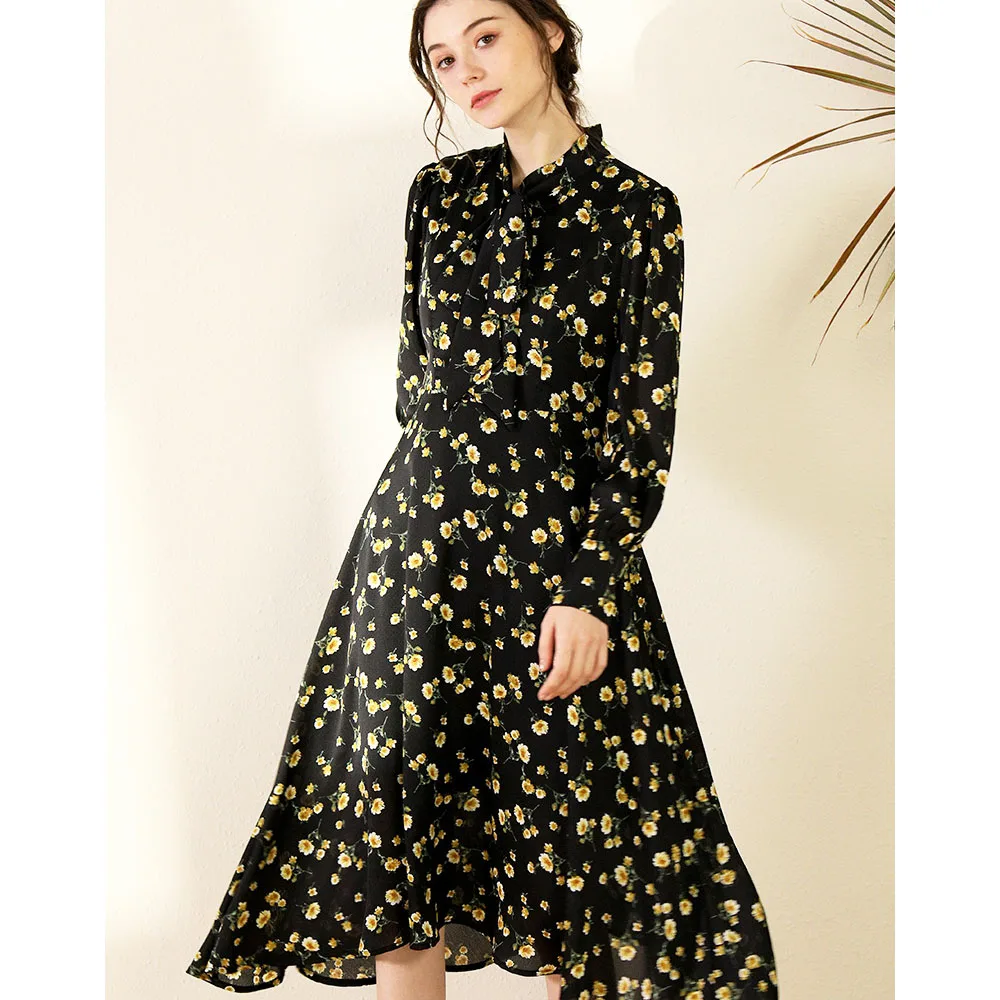 

2020 New arrivals Women Floral Print Fashion Asymmetric Long Sleeve Chiffon casual dresses