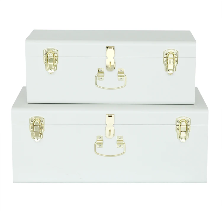 Hot sale White decorative storage trunk Set of 2 metal storage trunk with gold latch