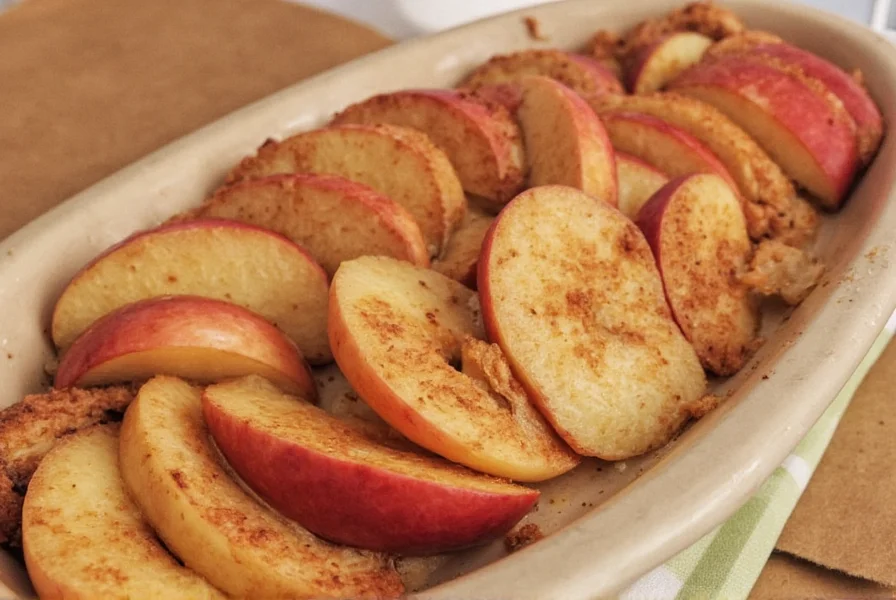 Step-by-step preparation of cinnamon apples showing apple slicing, mixing ingredients, and final baked result