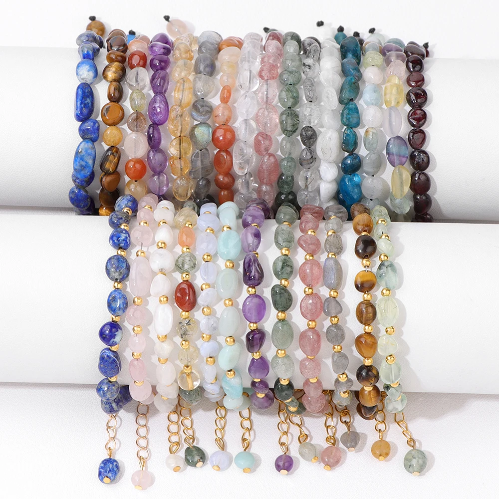 

Healing Crystal Quartz Stone Beads Bracelet Irregular Rose Quartz Chip Nugget Bead Adjustable Bracelet With Gold Chain