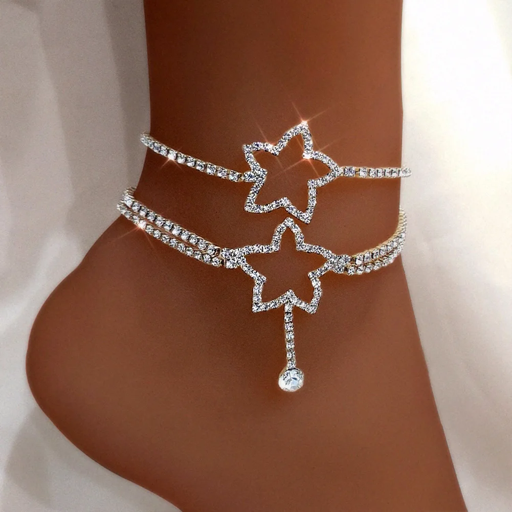 

Cute Fashion Gold Silver Plated Two Layers Thick Chain Hollow Star Figure Foot Anklet For Girls Jewelry, Gold,silver color