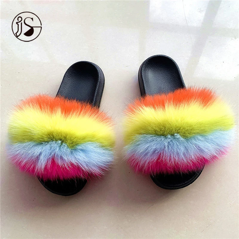 

Colorful fur slides women slippers real fox fur furry slides soft and warm slippers high-end genuine lady fox slipper, Picture