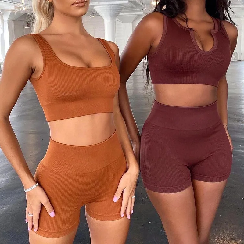 

Best Selling Ribbed Seamless Tight Women Wholesale Fitness Clothing Sets Rib shorts and U-neck + low-cut bra design, Customized colors