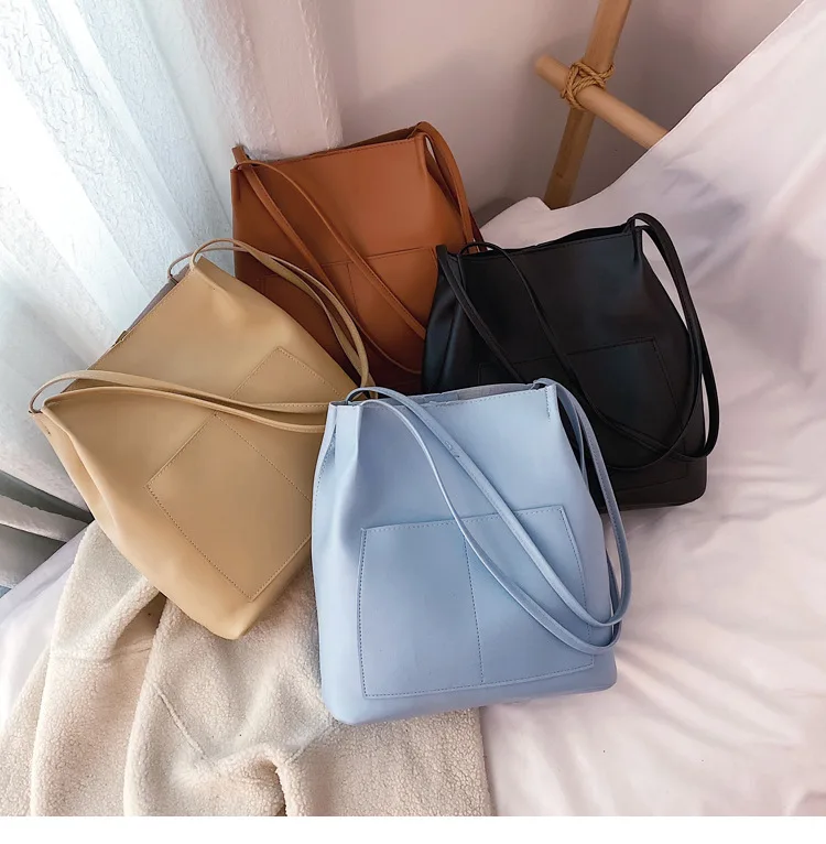 

Simple fashion bucket shoulder bag vintage plain trend messenger bag luxury women hand bags, Khaki,black,brown,blue