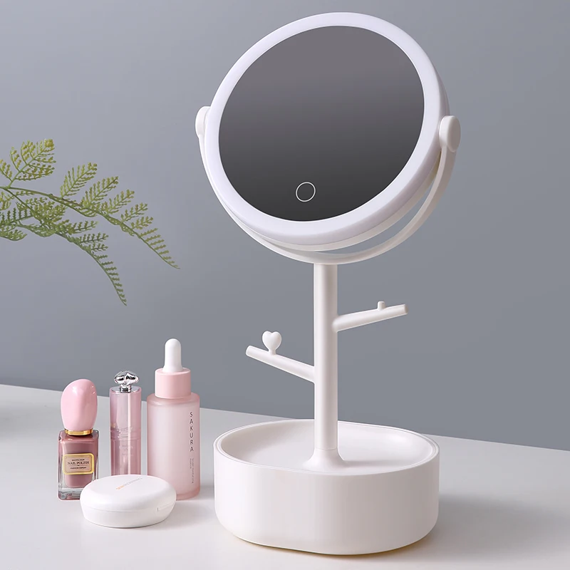 

Multi-Functional Cosmetic Mini Led Mirror with Tray Led Rotatable Travel Makeup Mirror With Led Light, White /pink