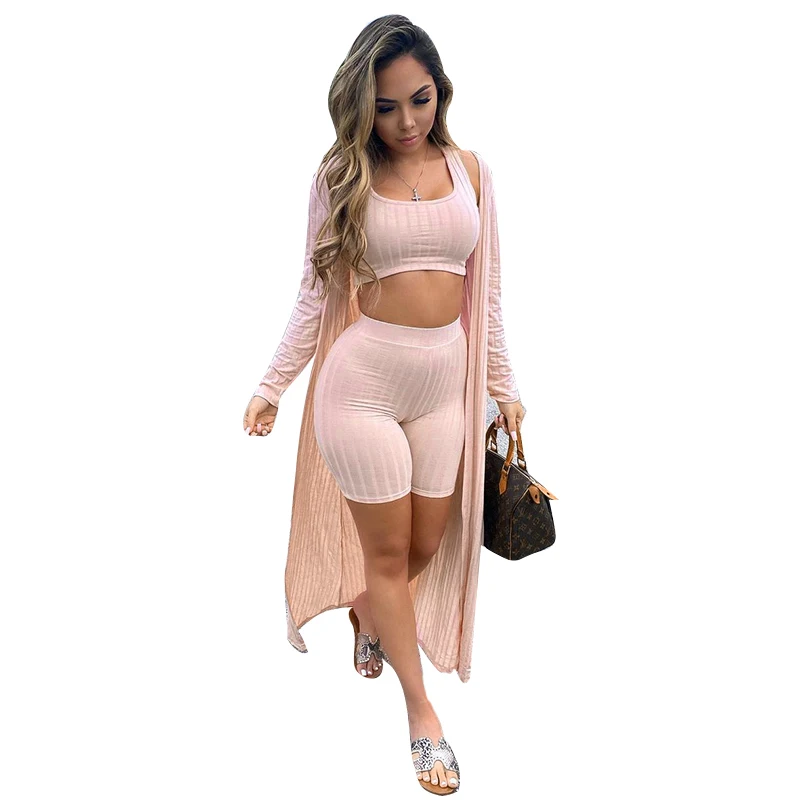 

MS129 Women Clothing Casual Fashion V-neck Knit Crop Top Vest Shorts Pants and coat 3 Set Women Clothing Outfit, Blue