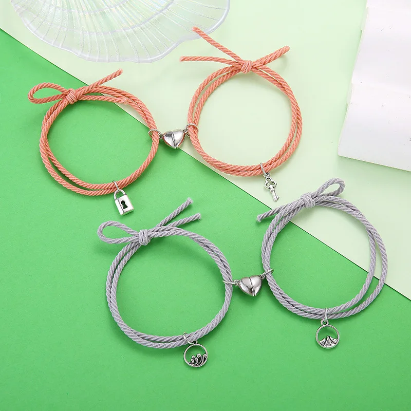 

2 Pcs Hand rope Adjustable Lovers Lock Heart Magnetic Bracelet for Women Men, Multiple