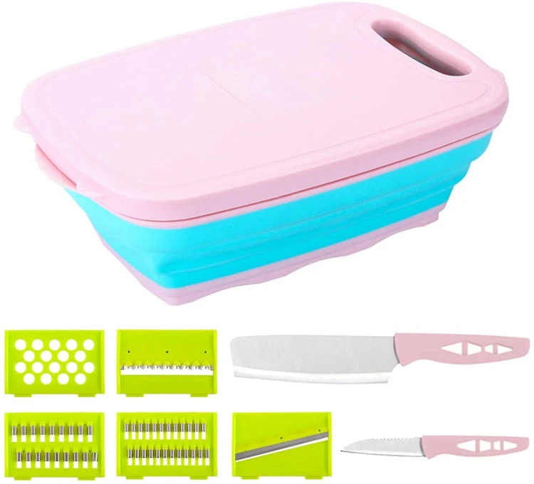 

Innovative kitchen tools 9 In 1 multi functional cutting board with folding drain basket, Pink and green