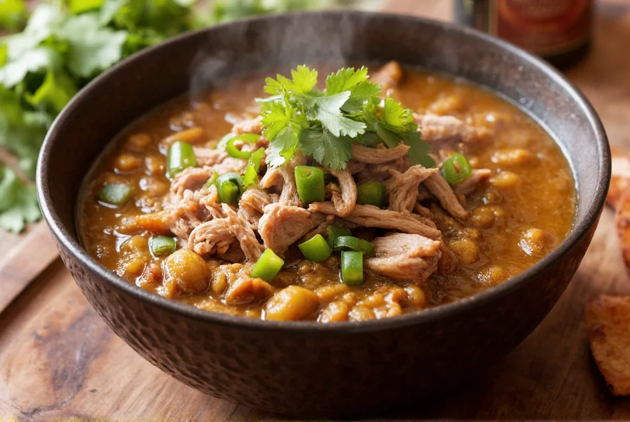 Bowl of steaming pork green chili with cilantro garnish
