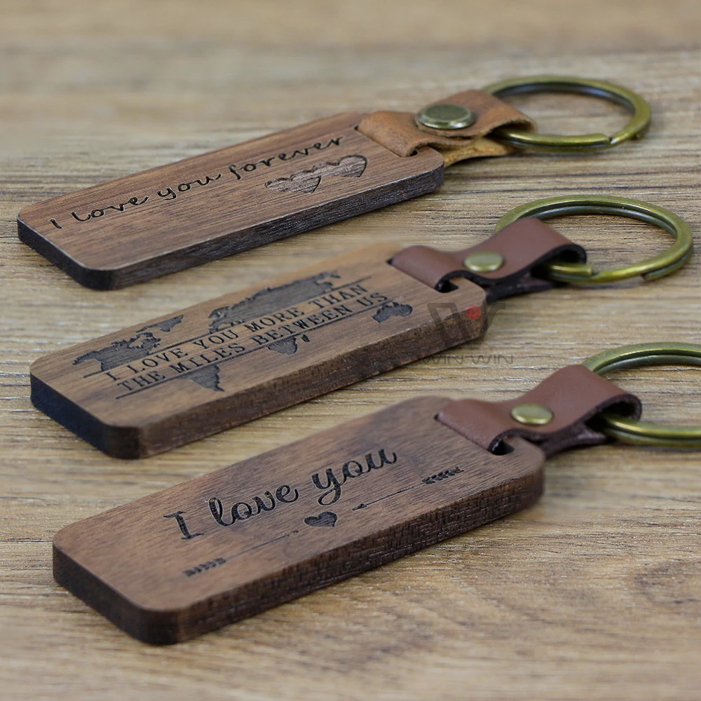 

Koa Walnut Wood Leather Keychain Custom Made Wooden-keyring With Luxury Leather Wooden Promotional Brank Keychains For Gifts