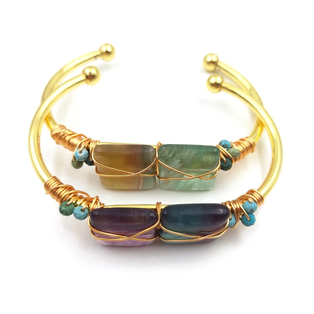

Hot sale open cuff bangle gold color wire wrap natural crystal fluorite stone bracelet bangle for women girls jewelry, Multi color
