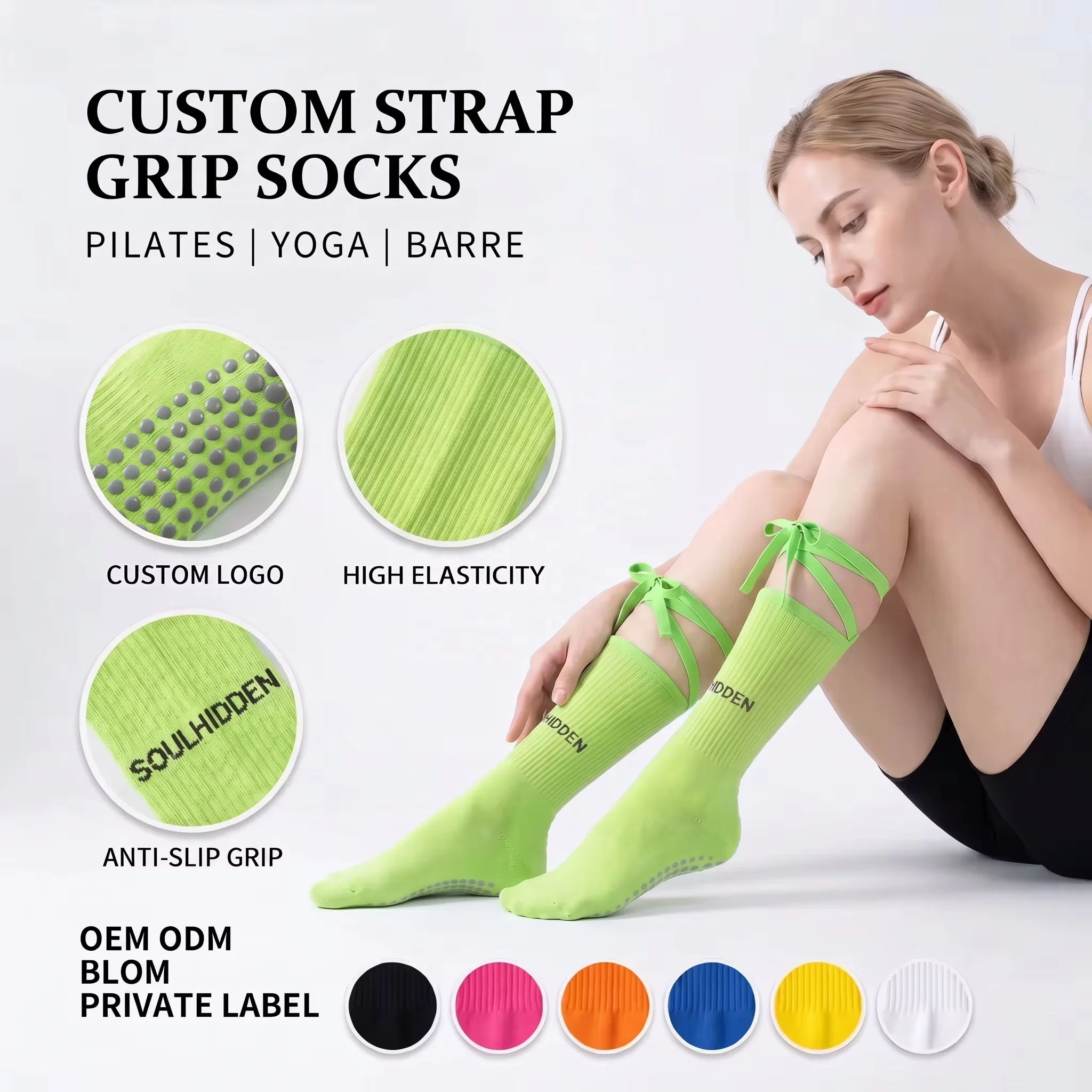 Custom Pilates Grip Socks with Straps Non Slip Yoga Barre Ballet Socks Cotton Knitted Custom Logo OEM ODM