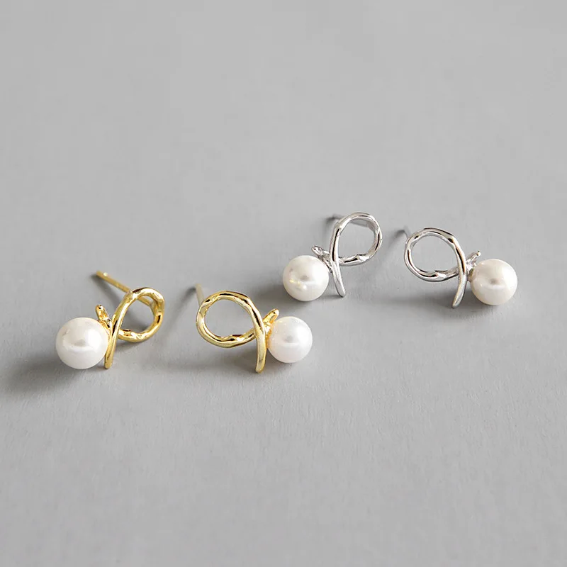 

2021 Sailing Jewelry 925 Sterling Silver Pearl Earrings Pearl Stud Earrings Hollow Cross Line Stud Earrings