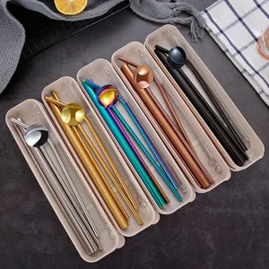 Image of 304 stainless steel drinking straws , eco-friendly reusable metal stirrer spoon straw set