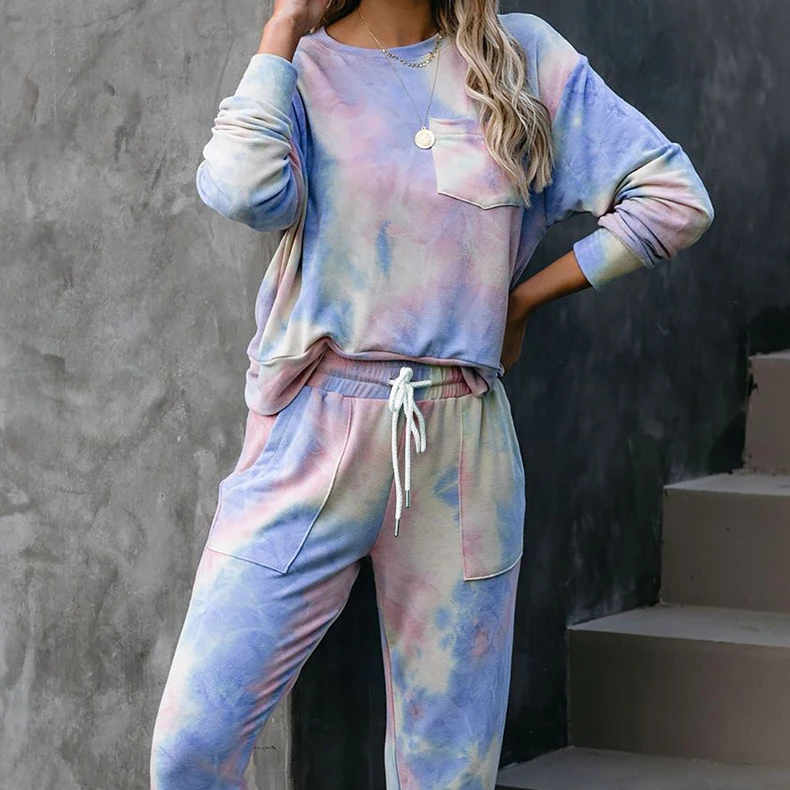 

Dropshipping Tie Dye Women Long Sleeved Trousers Pajamas Set Outwear Pajamas