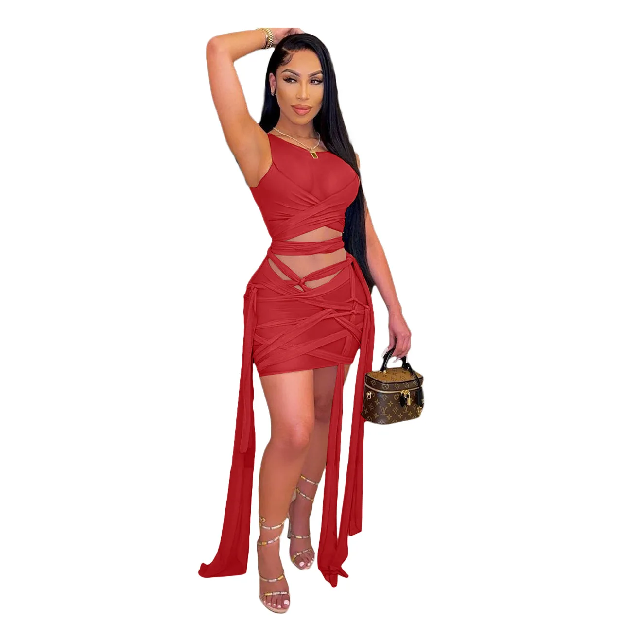 

Sexy women clothes sleeveless tight bandage high elastic mesh hollow out dress, 5color