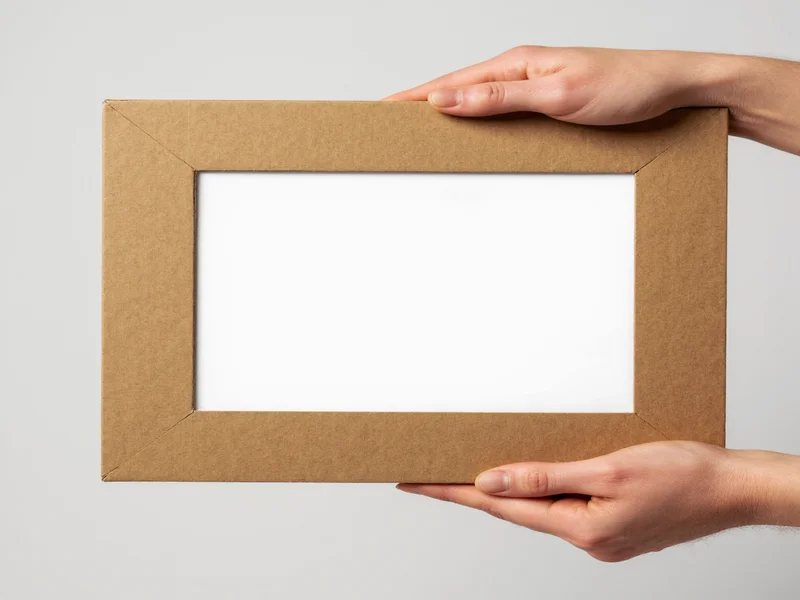 Hand holding recycled cardboard picture frame with photo