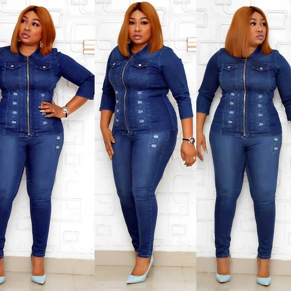 

2020 New African women's fashion casual mother's wear hand-worn washing denim jacket pencil pants suit clothes, As showed