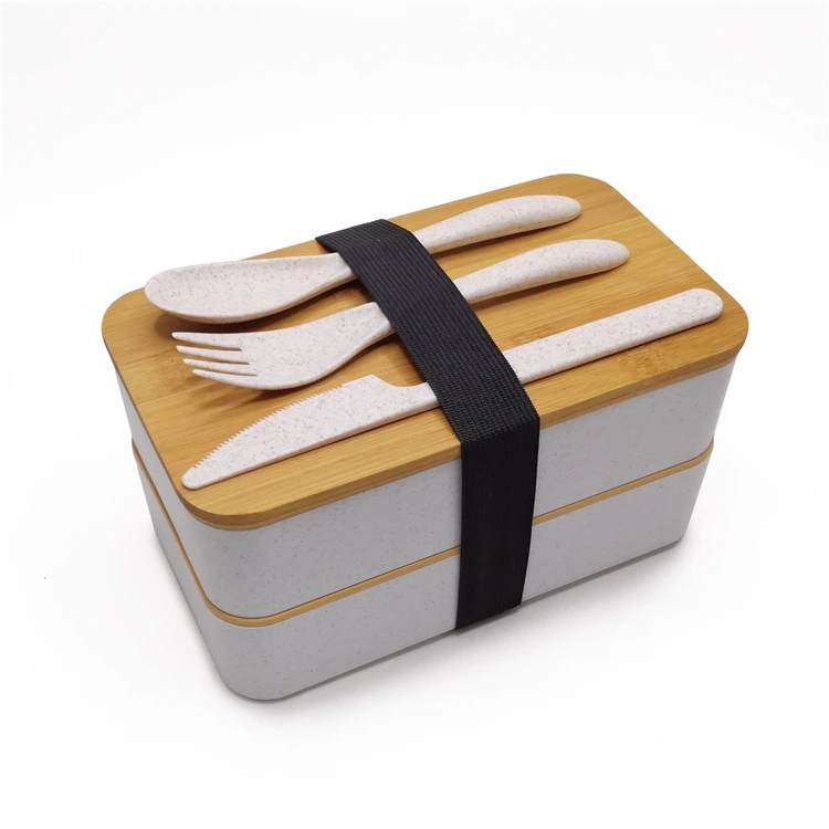 

Double Layers Portable Food Mealtime Containers Leakproof Bamboo Lid Plastic Lunch Bento Box, Customized color acceptable