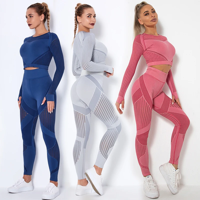 

Custom Label Hollow Out 2 Piece Yoga Wear Workout Long Sleeve Clothing Activewear Private Seamless Gym Fitness Sets For Women