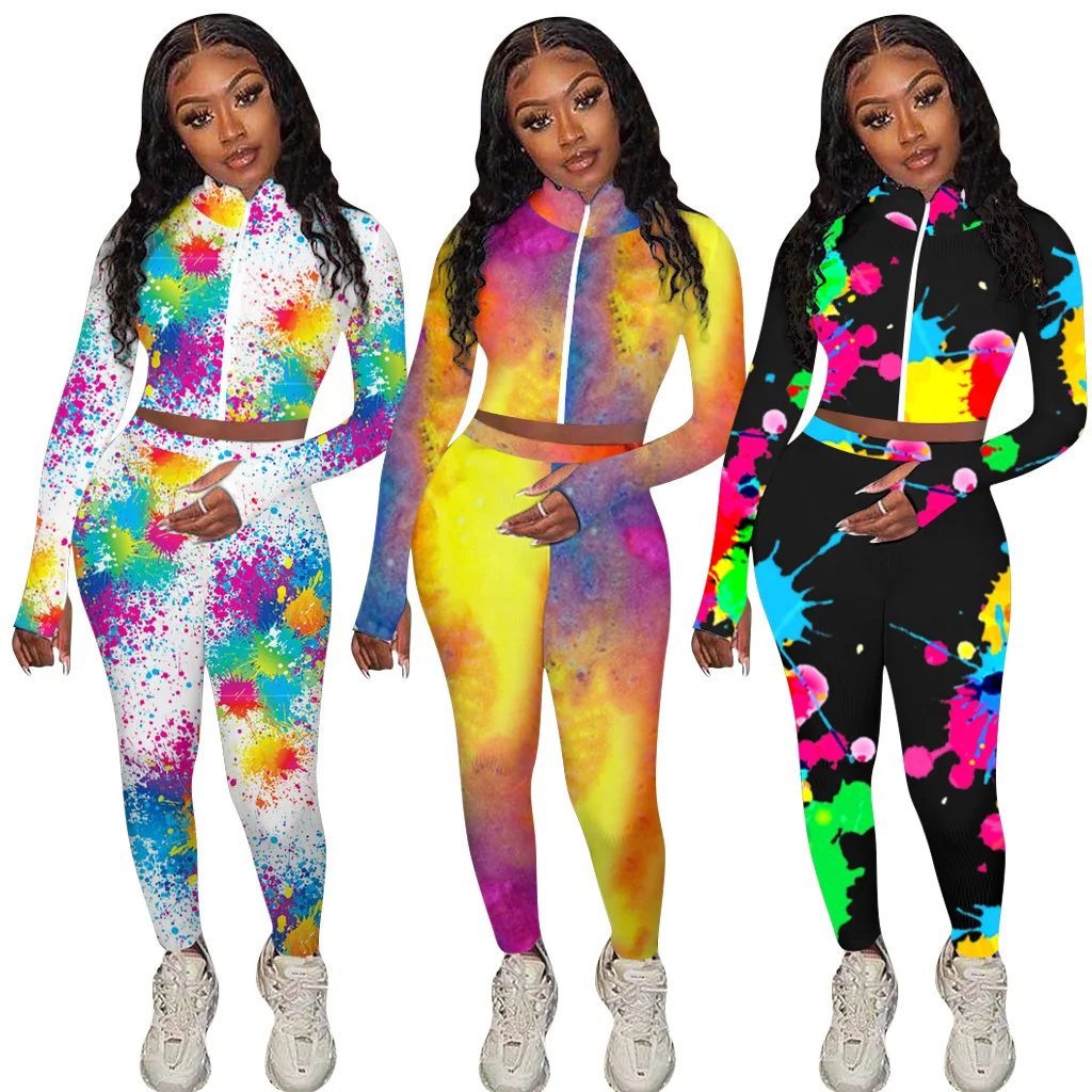 

2020 factory winter women full print two piece set long sleeve cut out tops and legging sets front zipper sporting set