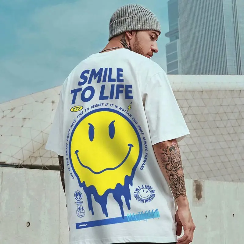 

wholesale men 100% cotton white Short sleeve hip hop Smiley T shirt