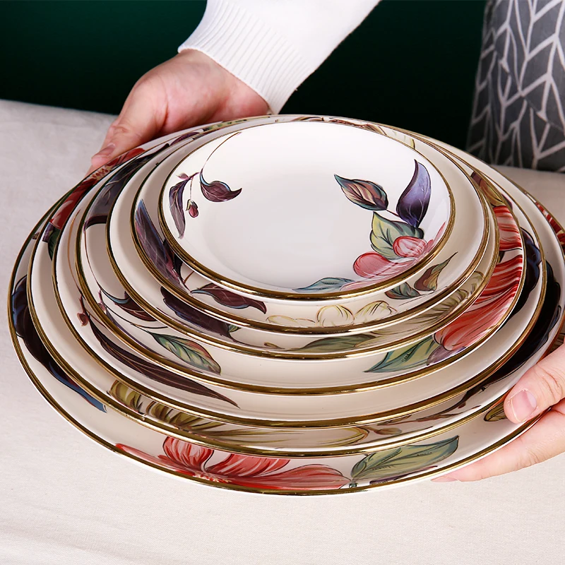 

New Product Floral Decals Round Customized Serving Party Plates Floral Flower Plate Ceramic, Coloful