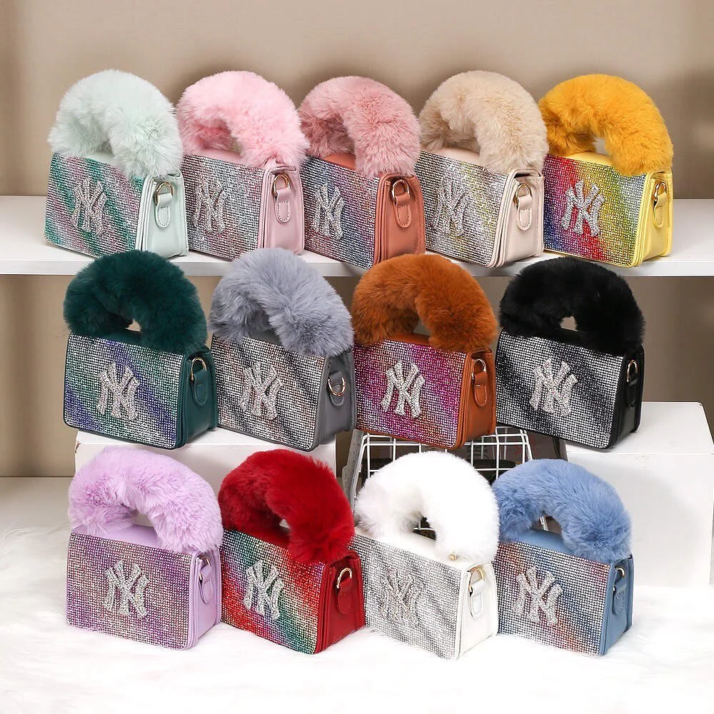 

2021 Mini Designer Diamond Bucket Fur NY Hat And Purse set Ladies Bags Handbags For Women Shoulder, Accept customized